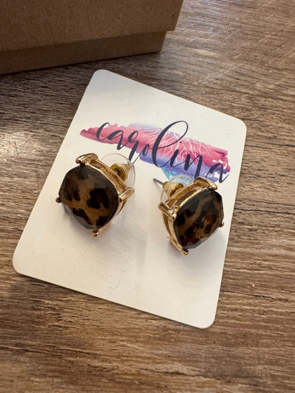 Leopard-Print Gold Stud Earrings - Brown
